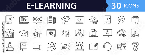 E-learning set of web icons in line style. Online education icons for web and mobile app. Distance learning, video tutorial, online lecture, school, university, webinar. Vector illustration