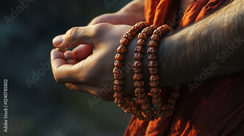 Shivaâs Rudraksha mala wrapped around his wrist, each bead charged with spiritual vibrations photo