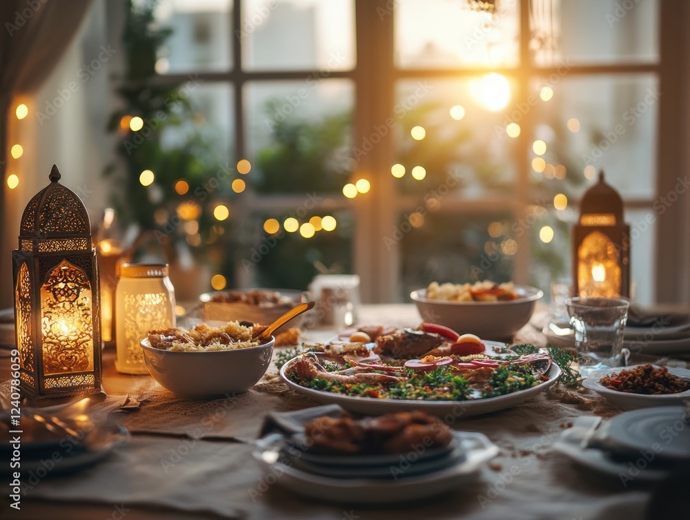 Warm and inviting dinner table setting at sunset with lanterns and warm lighting Warm and inviting dinner table setting at sunset with lanterns and warm lighting