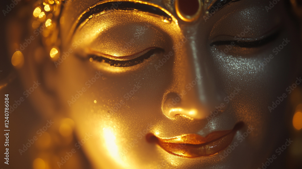 A close-up of Lord Vishnuâs gentle face, with a calm, divine smile and golden aura A close-up of Lord Vishnuâs gentle face, with a calm, divine smile and golden aura
