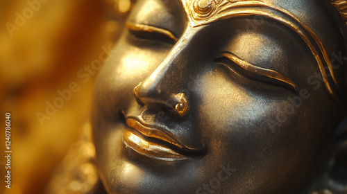 A close-up of Lord Vishnuâs gentle face, with a calm, divine smile and golden aura photo