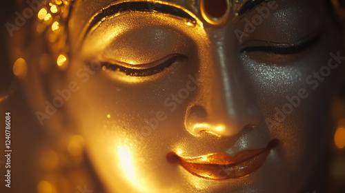 A close-up of Lord Vishnuâs gentle face, with a calm, divine smile and golden aura photo