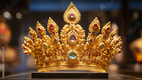 A detailed view of Vishnuâs golden crown, decorated with radiant jewels and intricate carvings photo