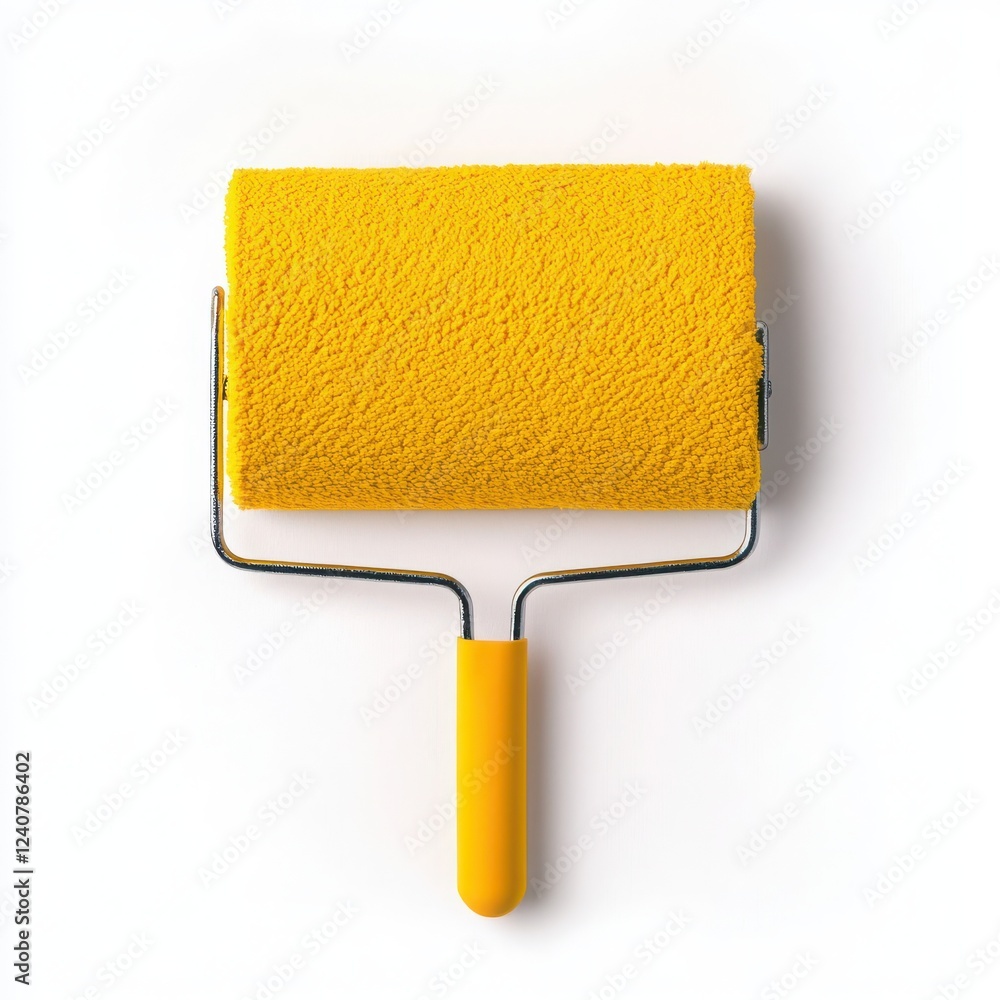 Obraz premium Bright yellow paint roller ready for use in home improvement projects.