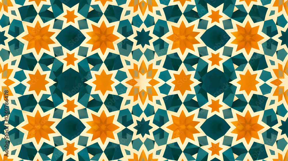 Fototapeta premium Colorful geometric pattern featuring orange and teal stars on a light background, ideal for textile design