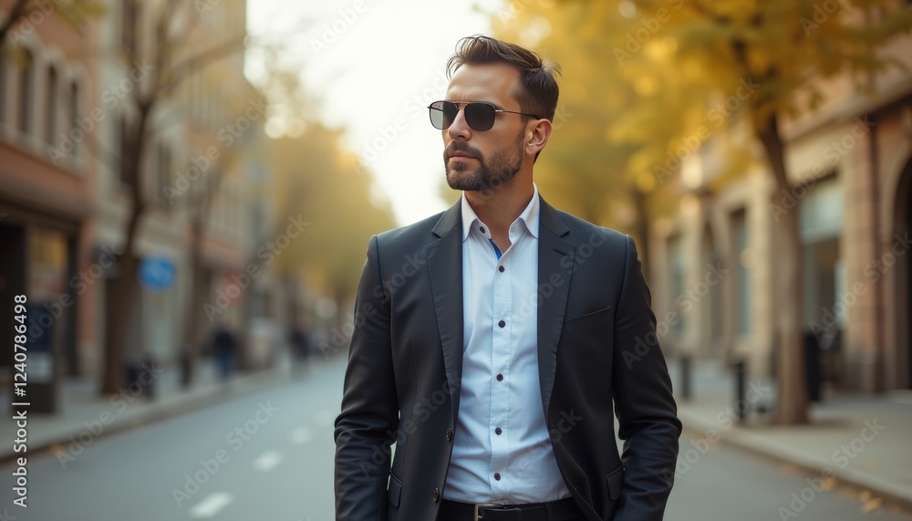 Stylish man in a suit and sunglasses walking down a tree-lined street with buildings in the background exuding confidence and urban sophistication. Stylish man in a suit and sunglasses walking down a tree-lined street with buildings in the background exuding confidence and urban sophistication.