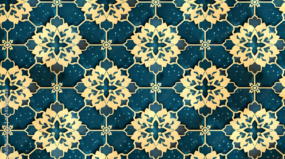Ornate blue and gold floral pattern design featuring intricate geometric shapes and symmetry Ornate blue and gold floral pattern design featuring intricate geometric shapes and symmetry