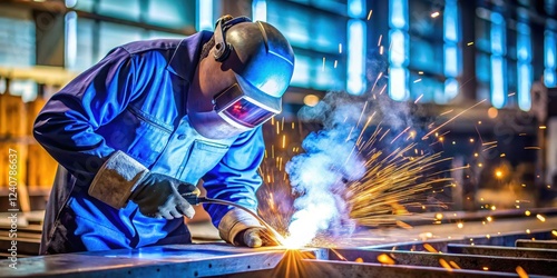 Welder performing submerged arc welding on steel plate at an industrial factory with sparks flying out of the welding gun , burning flame, steel plate photo