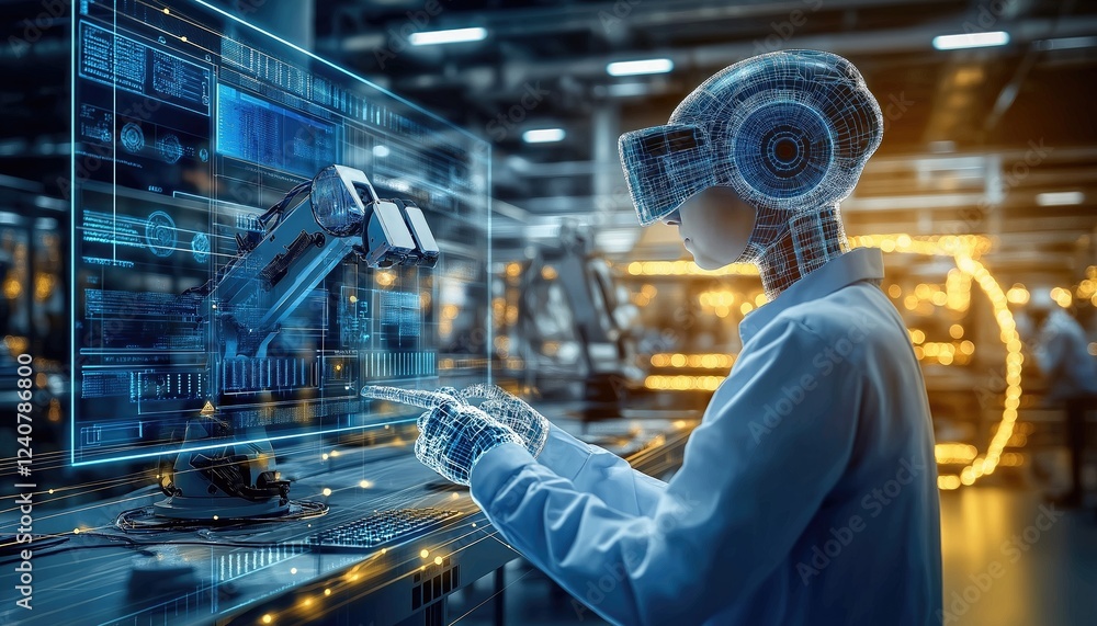 Robotics Lab Technician Operates Robot Arm with VR Interface Robotics Lab Technician Operates Robot Arm with VR Interface