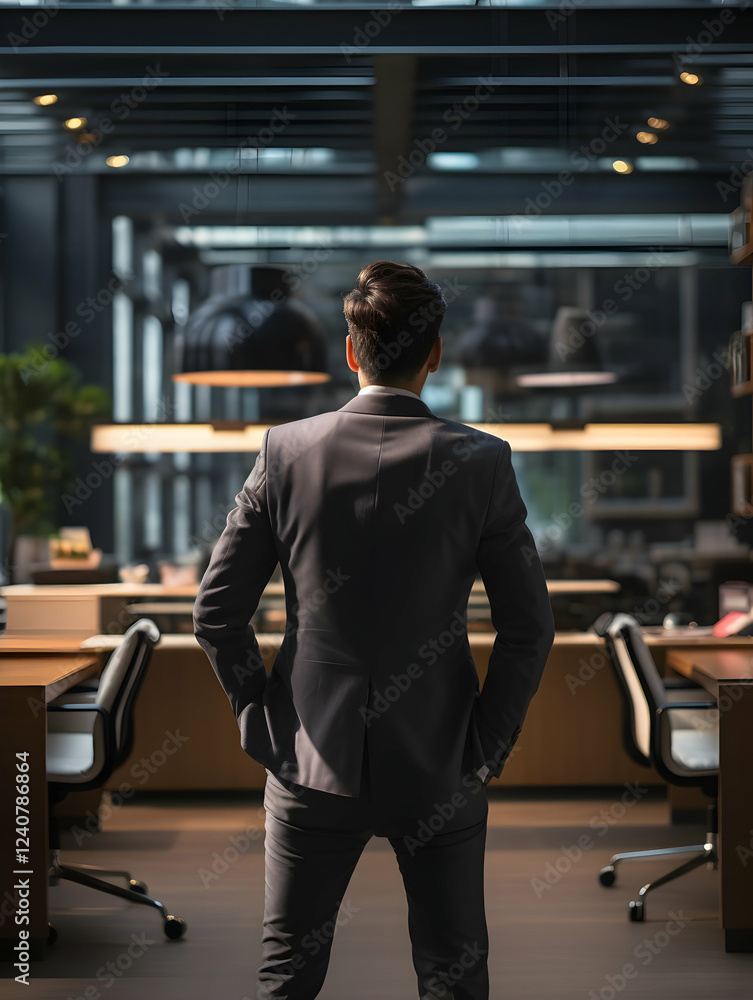 Fototapeta premium Businessman Standing in a Modern Office Looking at the City