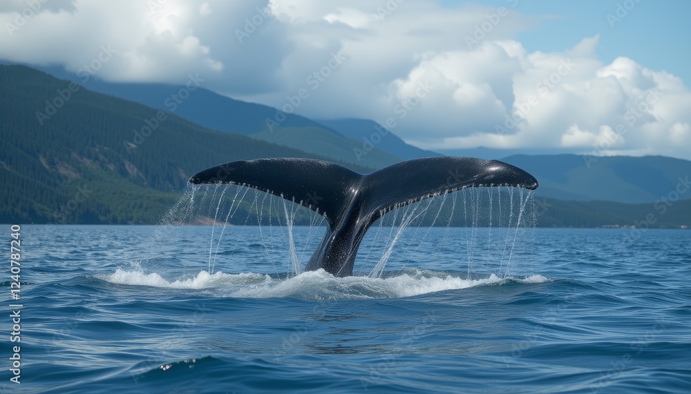 Naklejka premium Whale's tail emerging from the ocean with mountains in the background representing nature's beauty and marine life.