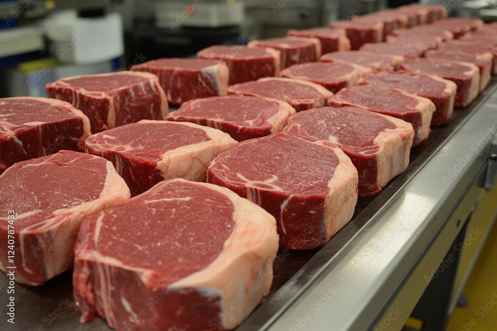 Fototapeta premium Freshly cut ribeye steaks displayed in a kitchen