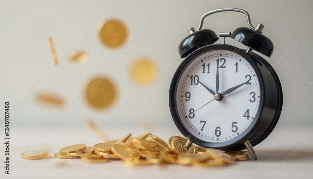 Alarm clock surrounded by falling coins illustrating the concept of time is money. Alarm clock surrounded by falling coins illustrating the concept of time is money.