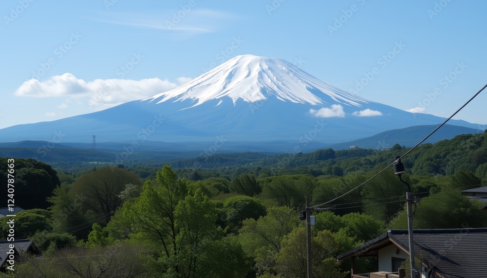 Snow-Capped Mount Fuji Overlooking a Serene Village with Lush Greenery and Clear Blue Sky Snow-Capped Mount Fuji Overlooking a Serene Village with Lush Greenery and Clear Blue Sky