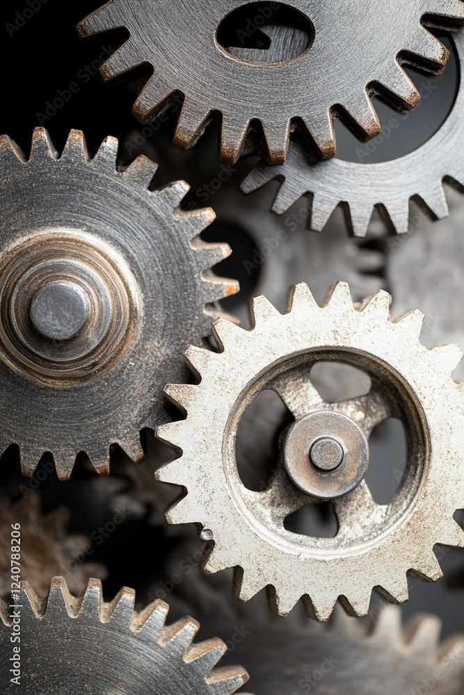 Close-up view of interlocking metal gears in operation Close-up view of interlocking metal gears in operation