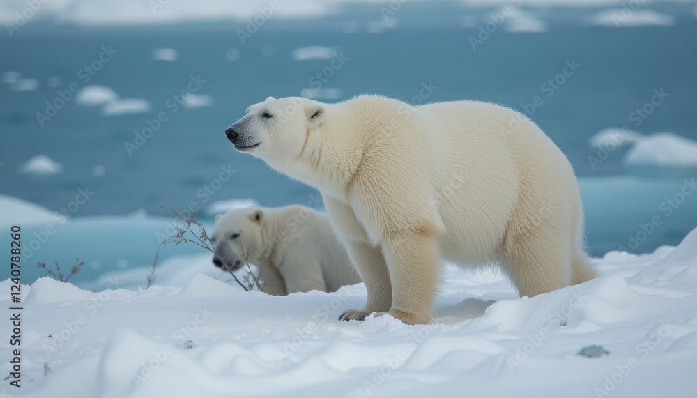 Two Polar Bears Walking Gracefully on Snowy Ice Near Calm Arctic Waters Two Polar Bears Walking Gracefully on Snowy Ice Near Calm Arctic Waters