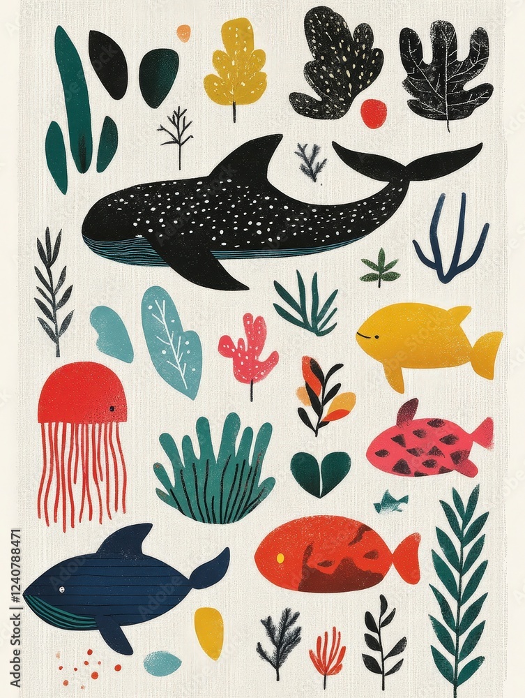 Naklejka premium Colorful Marine Life Illustrations with Whales and Fish Designs