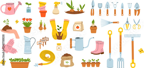 Big set of garden equipment elements.Vector illustration of gardening elements: rubber boots, hose, plants, watering can, pot, grass, garden gloves, shovel, seeds.Gardening, agriculture and eco-friend
