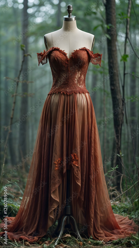 Elegant Rust-Colored Dress on Mannequin in Serene Forest Setting Elegant Rust-Colored Dress on Mannequin in Serene Forest Setting