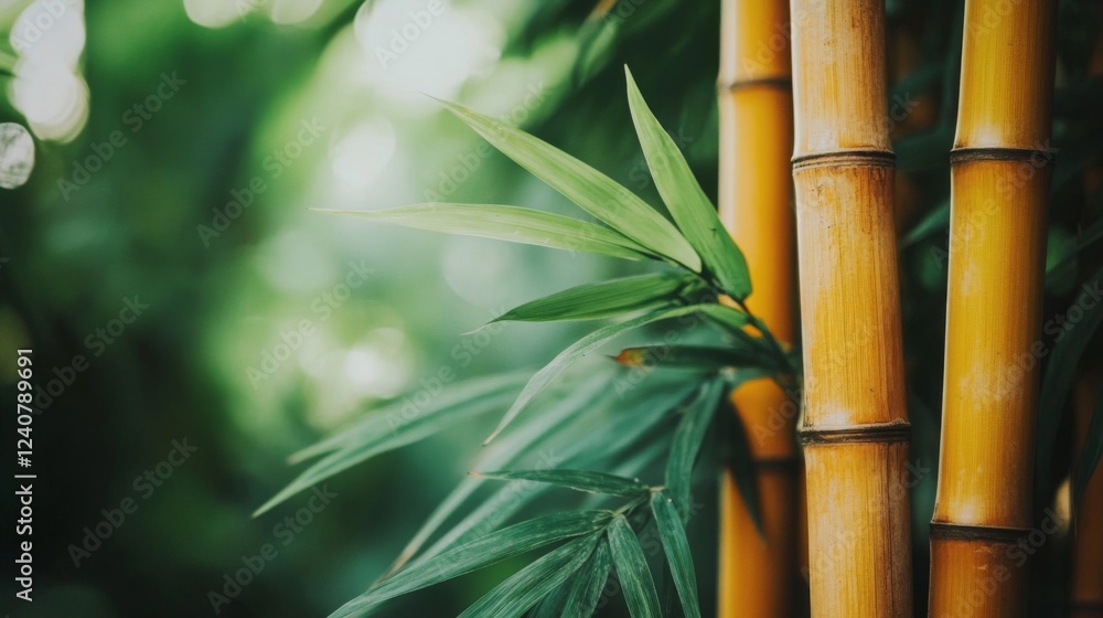 Obraz premium Golden Bamboo and Lush Green Leaves in a Tranquil Forest