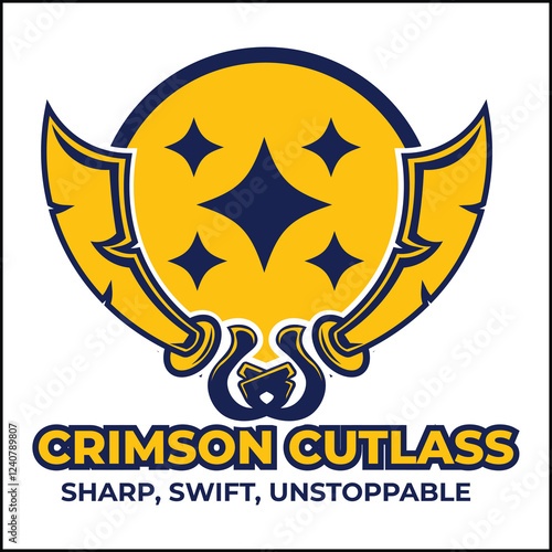 crimson cutlass logo vector design with two pirate swords in yellow and blue colors. suitable for logo, icon, poster, advertisement, banner, company, t-shirt design, sticker, website.