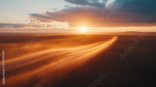 Sunset over rolling hills with windswept sand
