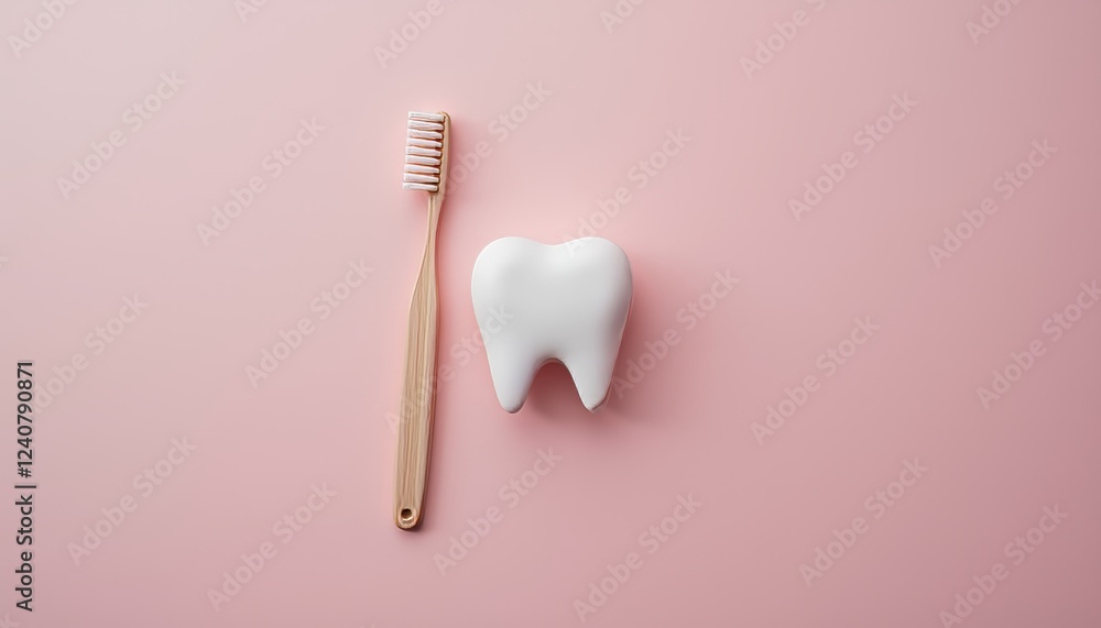 Toothbrush and model tooth placed on a soft pink background promoting dental hygiene and oral care in a minimalistic and aesthetically pleasing manner. Toothbrush and model tooth placed on a soft pink background promoting dental hygiene and oral care in a minimalistic and aesthetically pleasing manner.