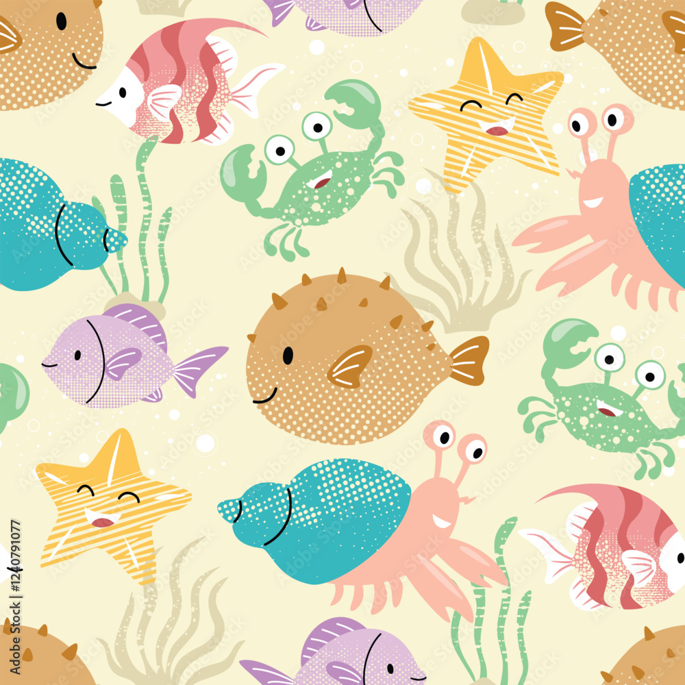Fototapeta premium Seamless pattern vector illustration of colorful marine animals
