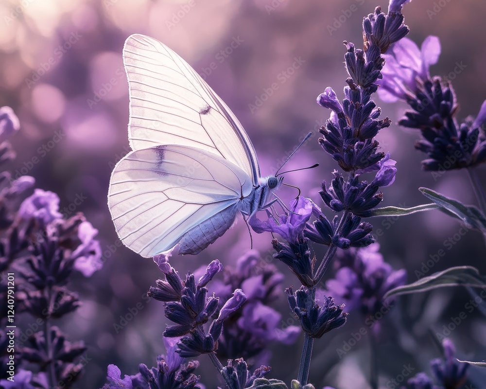 Delicate White Butterfly on Lavender Flowers in Soft Focus Light Delicate White Butterfly on Lavender Flowers in Soft Focus Light