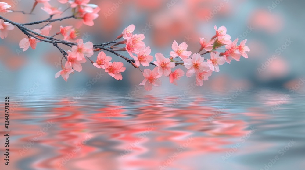 Pink Cherry Blossoms Reflected in Calm Water Pink Cherry Blossoms Reflected in Calm Water