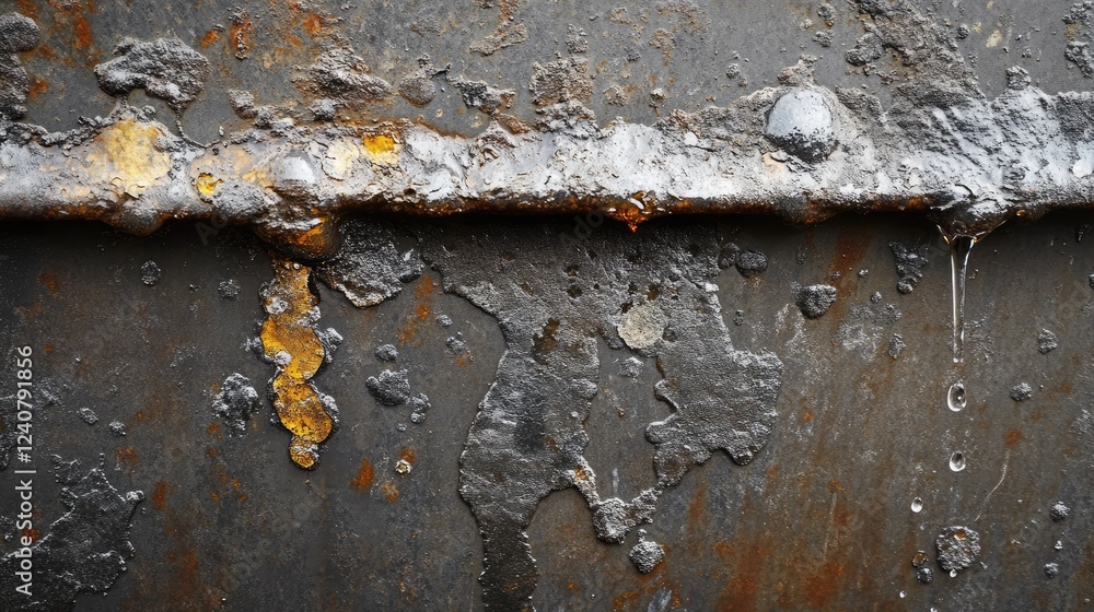 Water dripping from a corroded stainless steel pipe, showing the texture of the damage and the effect of wear and tear on the material. Water dripping from a corroded stainless steel pipe, showing the texture of the damage and the effect of wear and tear on the material.