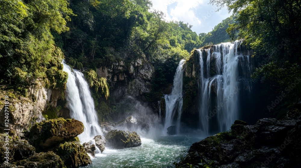 Cascading waterfalls in lush green forest nature photography scenic landscape tranquil environment vibrant viewpoint Cascading waterfalls in lush green forest nature photography scenic landscape tranquil environment vibrant viewpoint