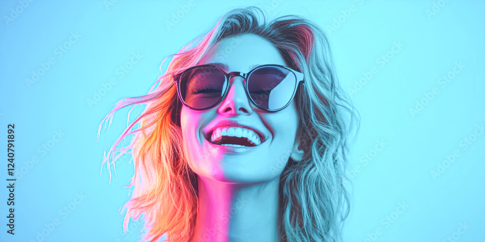 Fototapeta premium Joyful portrait close-up of a smiling woman in vibrant colors