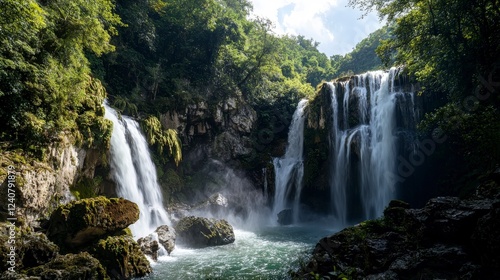 Cascading waterfalls in lush green forest nature photography scenic landscape tranquil environment vibrant viewpoint