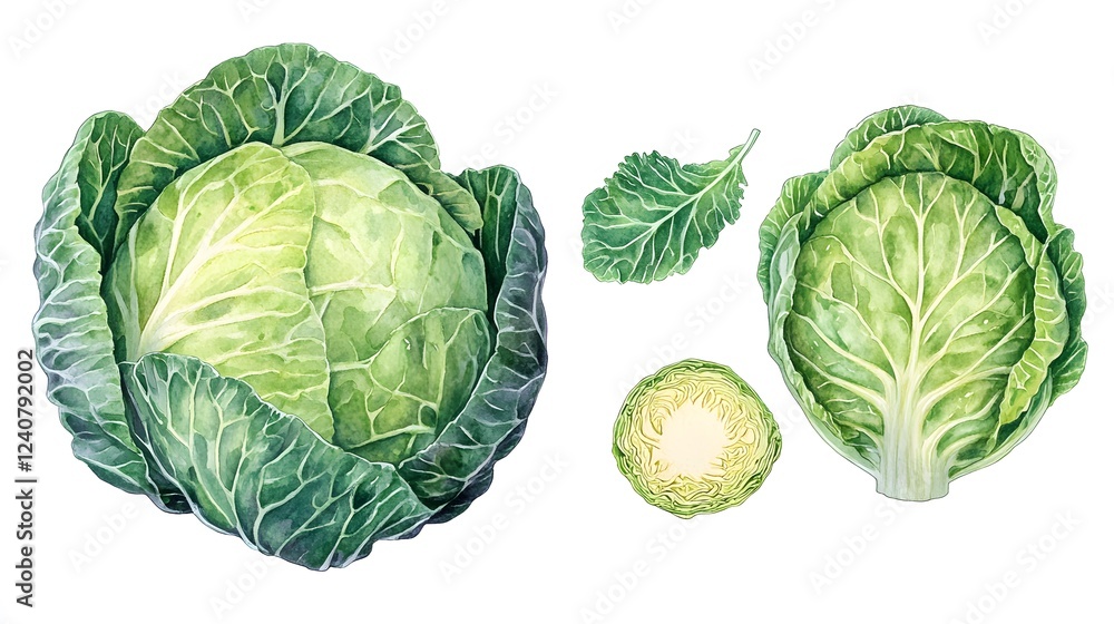 Fototapeta premium Watercolor Illustration of Green Cabbages and Leaves