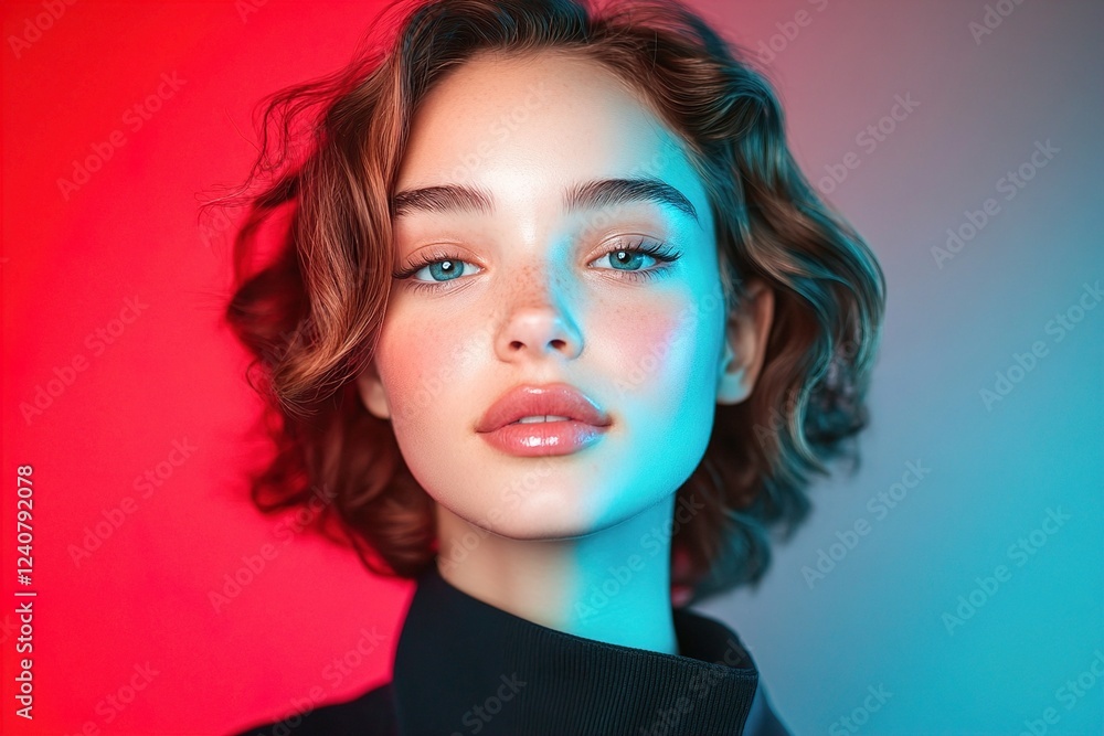 A young Caucasian woman with curly hair poses against a vibrant gradient background, featuring soft blue and red lighting. Colorful Glow, Dual-Tone Studio Lighting A young Caucasian woman with curly hair poses against a vibrant gradient background, featuring soft blue and red lighting. Colorful Glow, Dual-Tone Studio Lighting