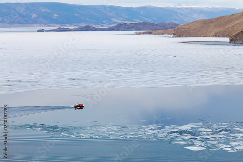 A hovercraft transports tourists across Lake Baikal to Olkhon Island in the spring. photo