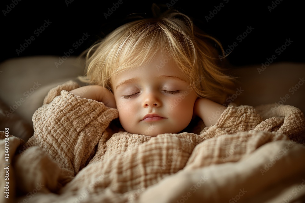 A Toddler Peacefully Sleeps, Nestled In A Soft, Beige Blanket. The Image Evokes Feelings Of Comfort, Innocence, And Serenity. A Toddler Peacefully Sleeps, Nestled In A Soft, Beige Blanket. The Image Evokes Feelings Of Comfort, Innocence, And Serenity.