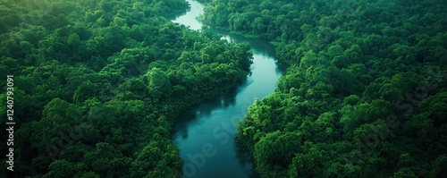 World water day with awareness and supply idea. Lush green forest surrounding a tranquil river view.