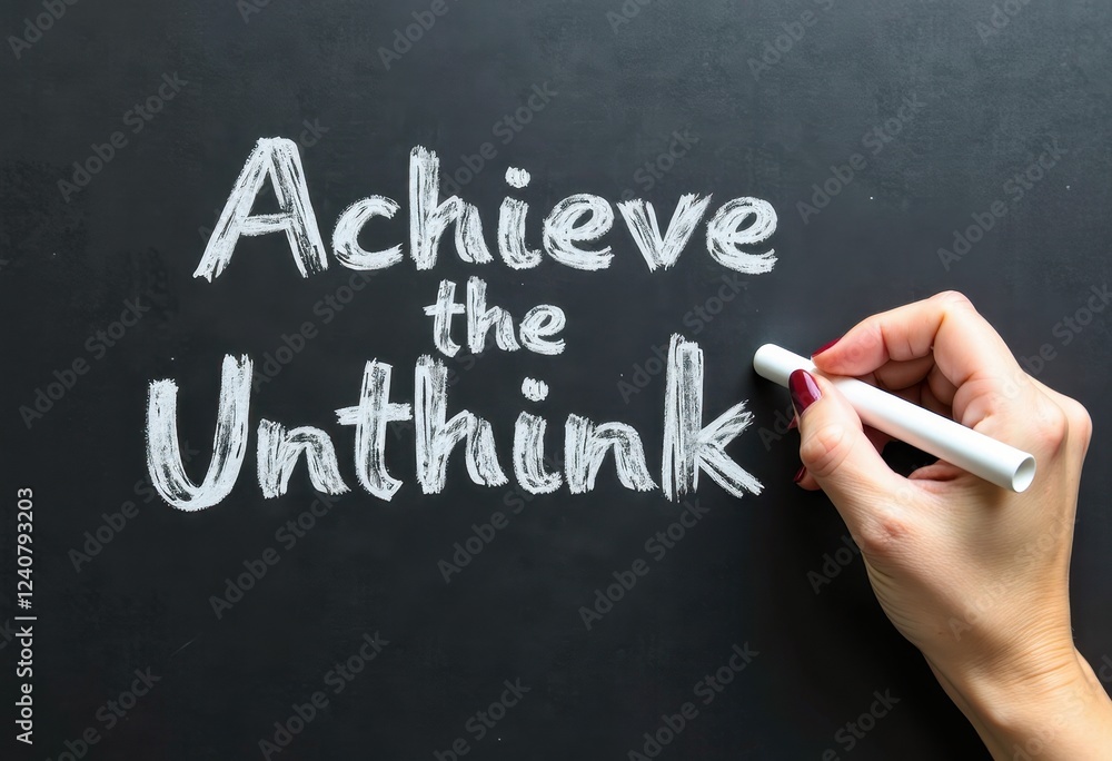 Write 'Achieve the Unthink' on Blackboard with White Chalk in Hand Motivational quotes best for wall art or print Write 'Achieve the Unthink' on Blackboard with White Chalk in Hand Motivational quotes best for wall art or print
