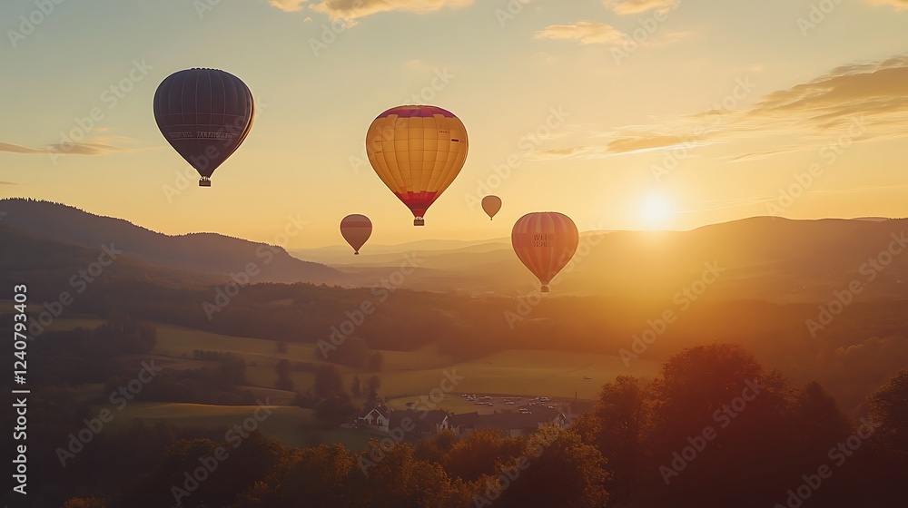 Hot Air Balloons Soaring Over Scenic Sunrise Landscape Hot Air Balloons Soaring Over Scenic Sunrise Landscape