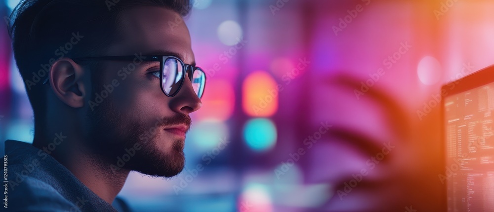 A focused individual working intently at a computer, surrounded by colorful lighting, conveying a modern digital workspace. A focused individual working intently at a computer, surrounded by colorful lighting, conveying a modern digital workspace.