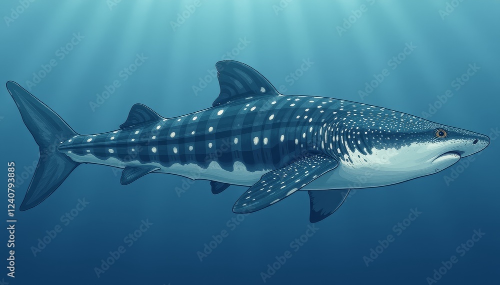 Fototapeta premium Whale shark swimming gracefully in deep blue ocean water surrounded by marine life and coral reefs. Ideal for nature and wildlife photography.