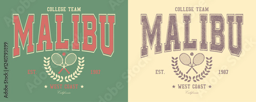 Malibu, college team, West Coast, California, retro college varsity typographic vector graphic.