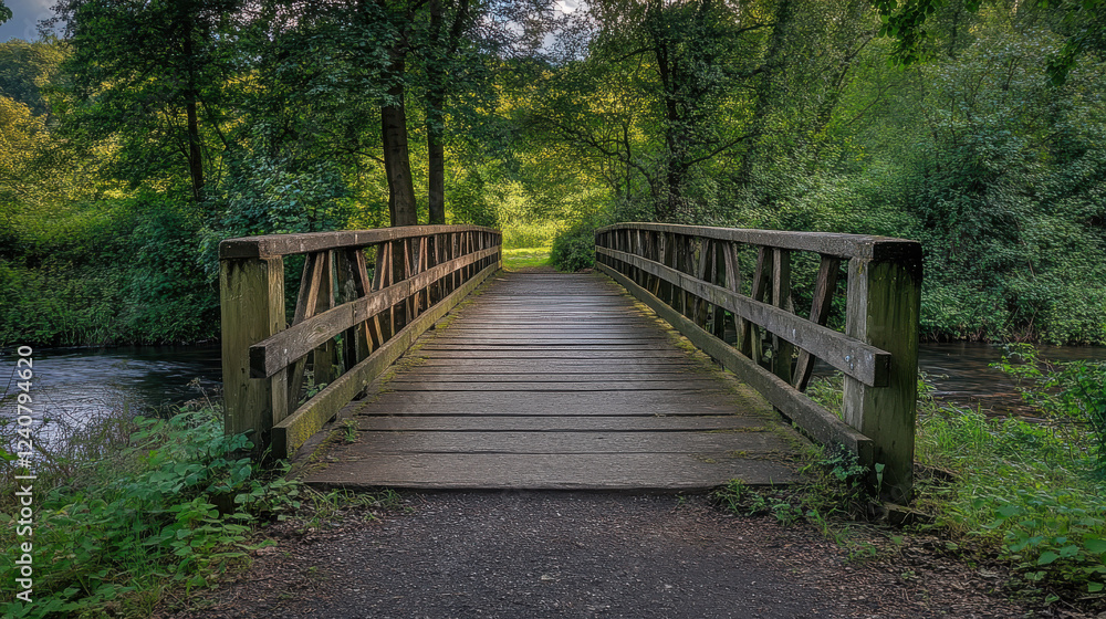 Obraz premium Wooden bridge in lush green forest over calm river scenic nature landscape peaceful hiking trail adventure travel photography