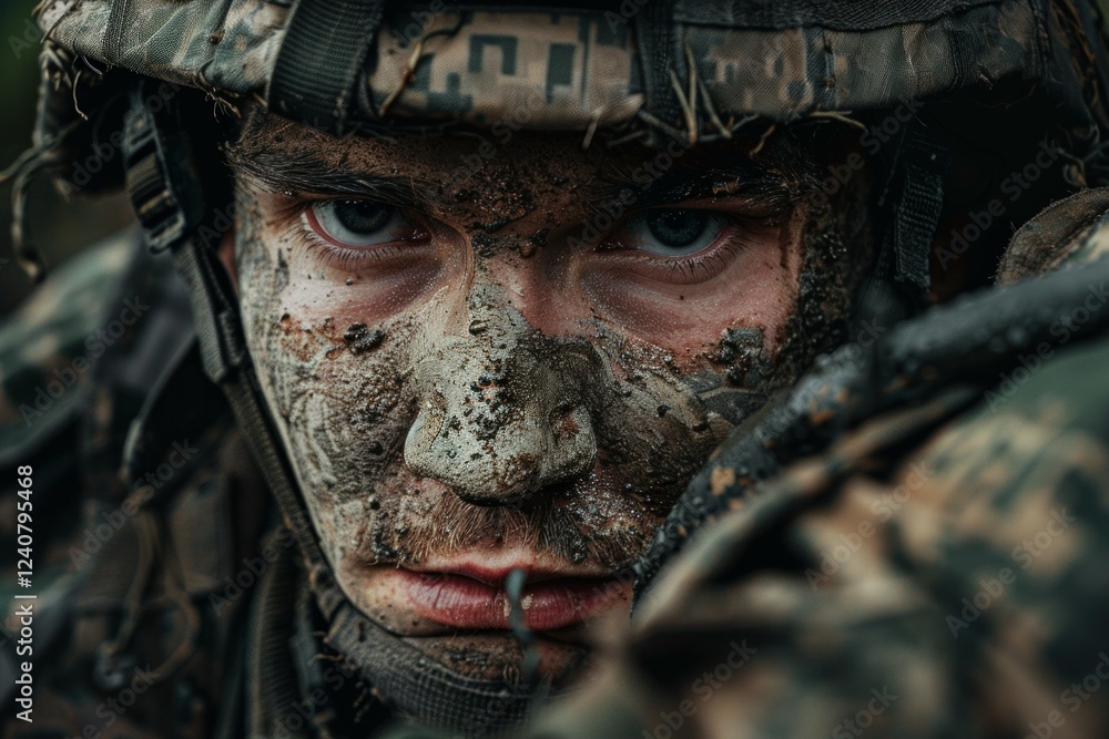 Soldier with mud covering his face during a military operation Soldier with mud covering his face during a military operation
