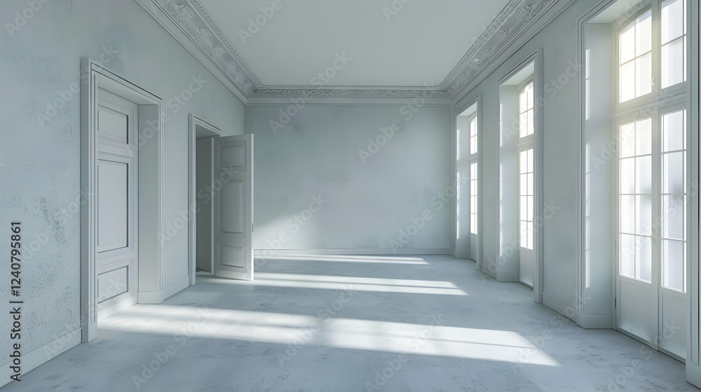 Bright, empty room with large windows casting shadows on the floor, showcasing minimalistic design Bright, empty room with large windows casting shadows on the floor, showcasing minimalistic design