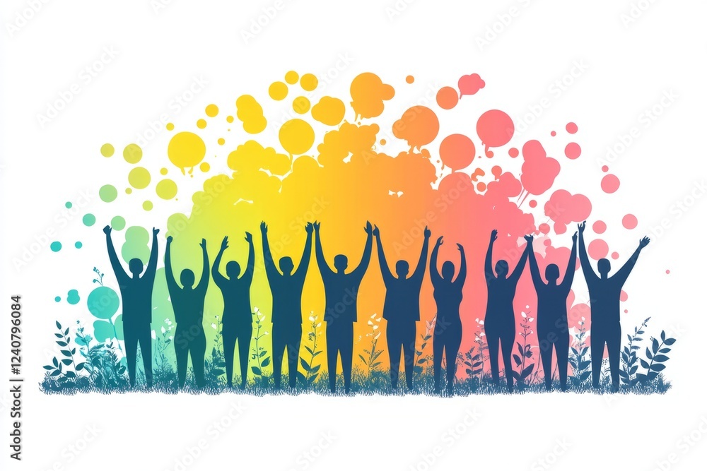 Silhouetted Figures With Raised Arms Stand In A Vibrant, Colorful Field, Symbolizing Unity, Joy, And Celebration. Silhouetted Figures With Raised Arms Stand In A Vibrant, Colorful Field, Symbolizing Unity, Joy, And Celebration.