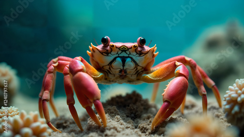 A Brightly Colored Harlequin Crab (Lissocarcinus laevis) Displaying Its Vibrant Appearance Amongst the Coral Reef Ecosystem photo