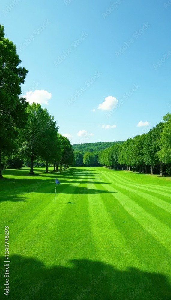 Fototapeta premium Lush green golf course grass, perfectly manicured , environment, close-up, idyllic